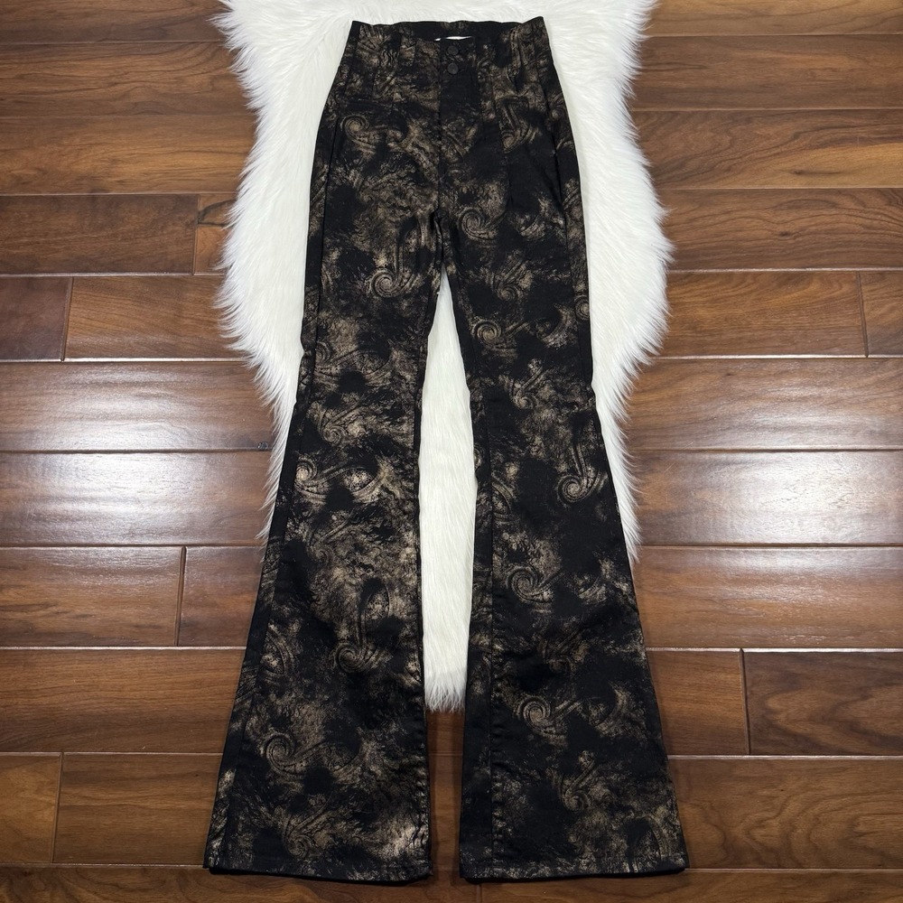 We The Free People Size 25 Black Metallic High Rise Jayde Flare Pants Jeans